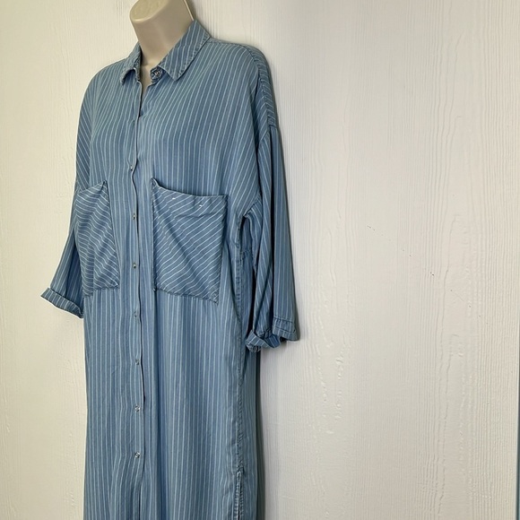 Zara - Light Blue White Stripe Button Down Lightweight Midi Dress Size Medium - Picture 6 of 11